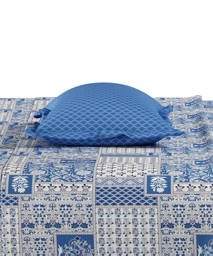 Everyday Printed King Bedsheet Set, Agatha Blue | 120TC Cotton| 2 Pillow covers
