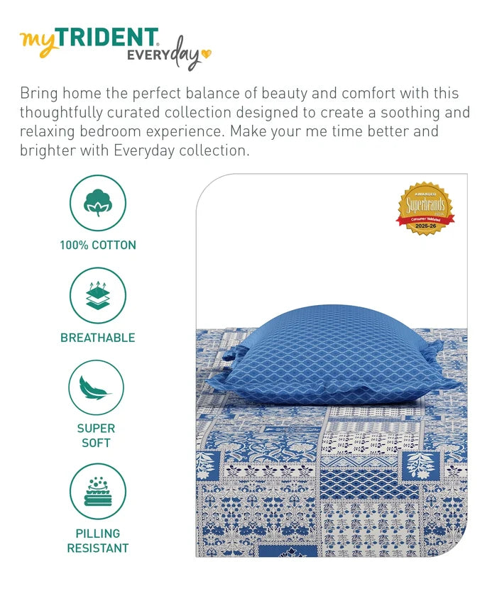 Everyday Printed King Bedsheet Set, Agatha Blue | 120TC Cotton| 2 Pillow covers