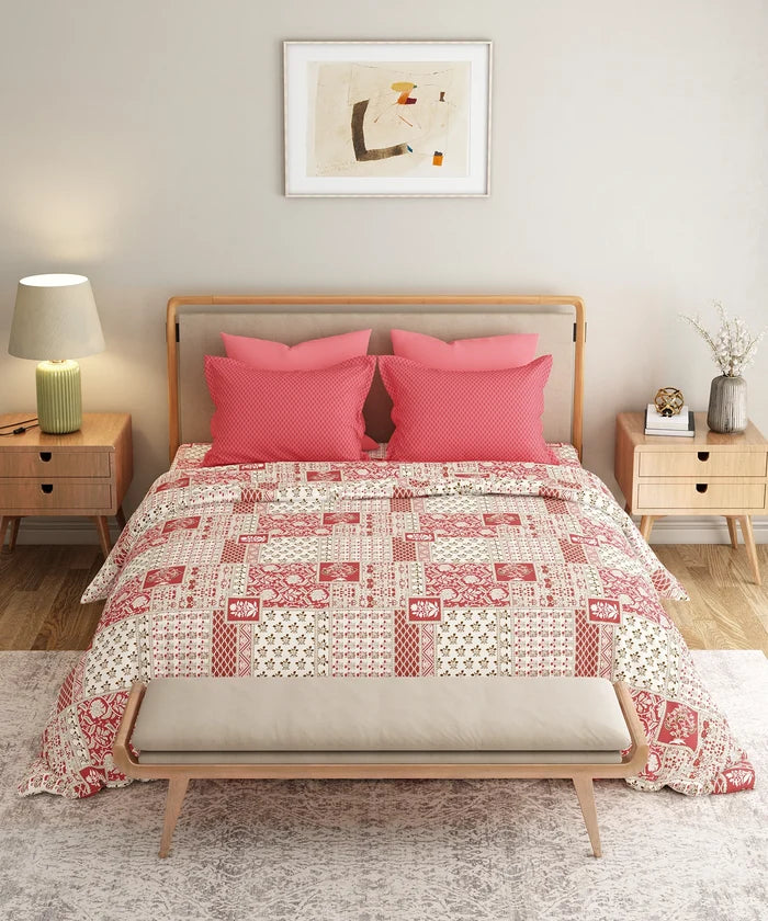 Everyday Printed King Bedsheet Set, Agatha Red| 120TC Cotton| 2 Pillow covers