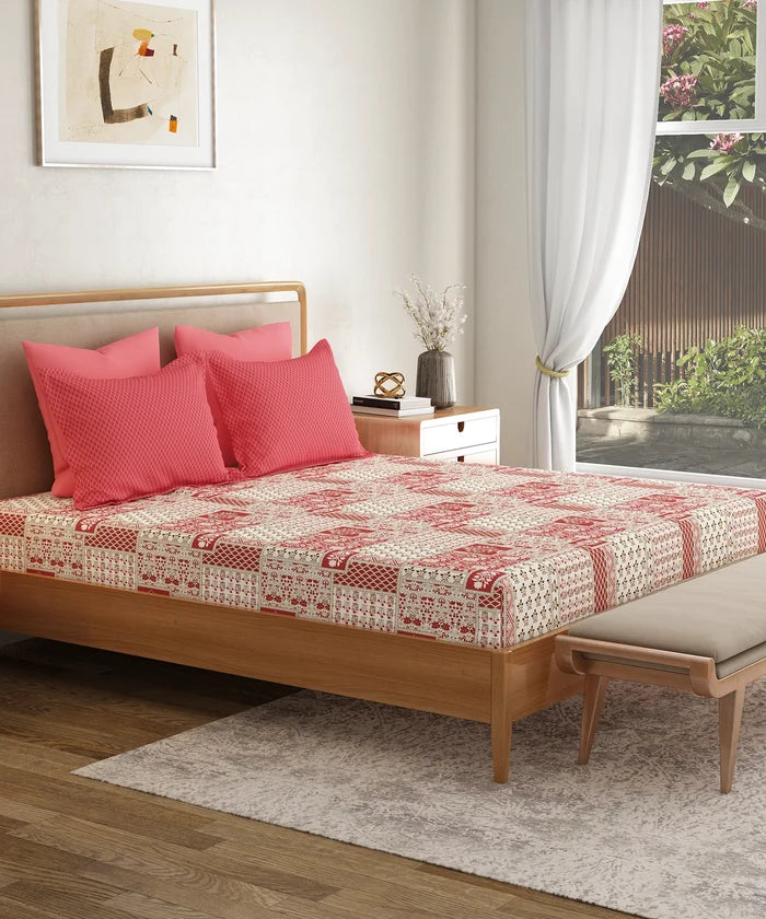 Everyday Printed King Bedsheet Set, Agatha Red| 120TC Cotton| 2 Pillow covers