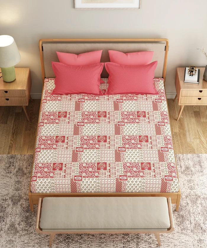 Everyday Printed King Bedsheet Set, Agatha Red| 120TC Cotton| 2 Pillow covers