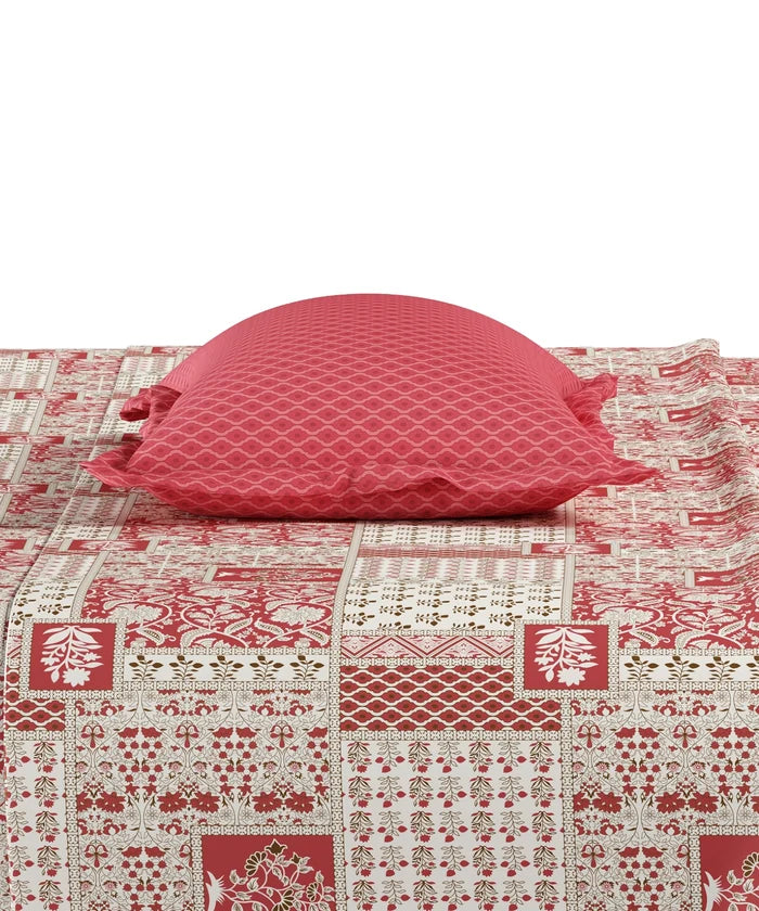 Everyday Printed King Bedsheet Set, Agatha Red| 120TC Cotton| 2 Pillow covers