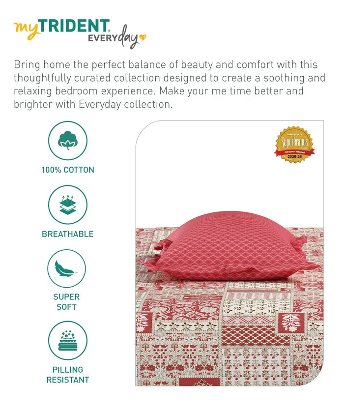 Everyday Printed King Bedsheet Set, Agatha Red| 120TC Cotton| 2 Pillow covers