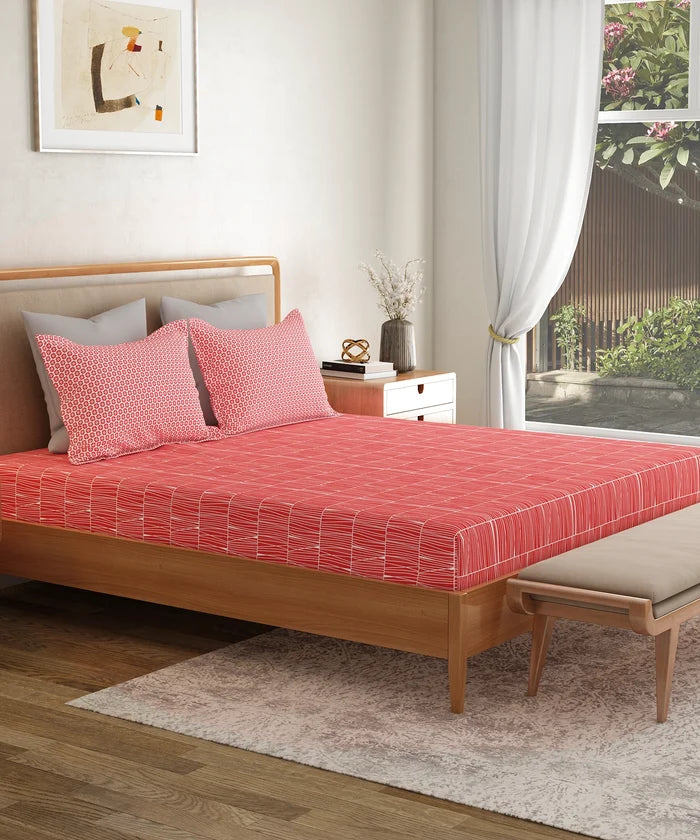 Everyday Printed King Bedsheet Set, Blair Red | 120TC Cotton| 2 Pillow covers