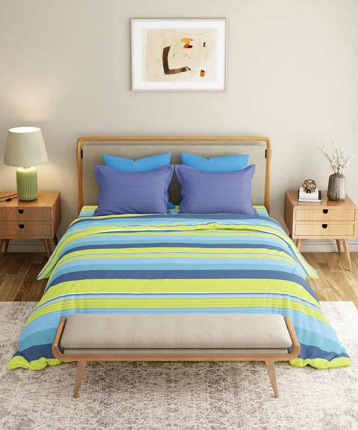 Everyday Printed King Bedsheet Set, Brooke Blue | 120TC Cotton| 2 Pillow covers