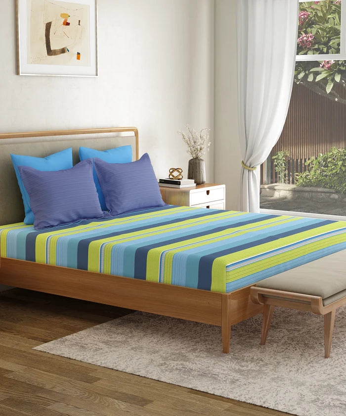 Everyday Printed King Bedsheet Set, Brooke Blue | 120TC Cotton| 2 Pillow covers