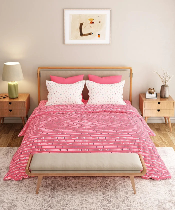 Everyday Printed King Bedsheet Set, Domino Pink | 120TC Cotton| 2 Pillow covers