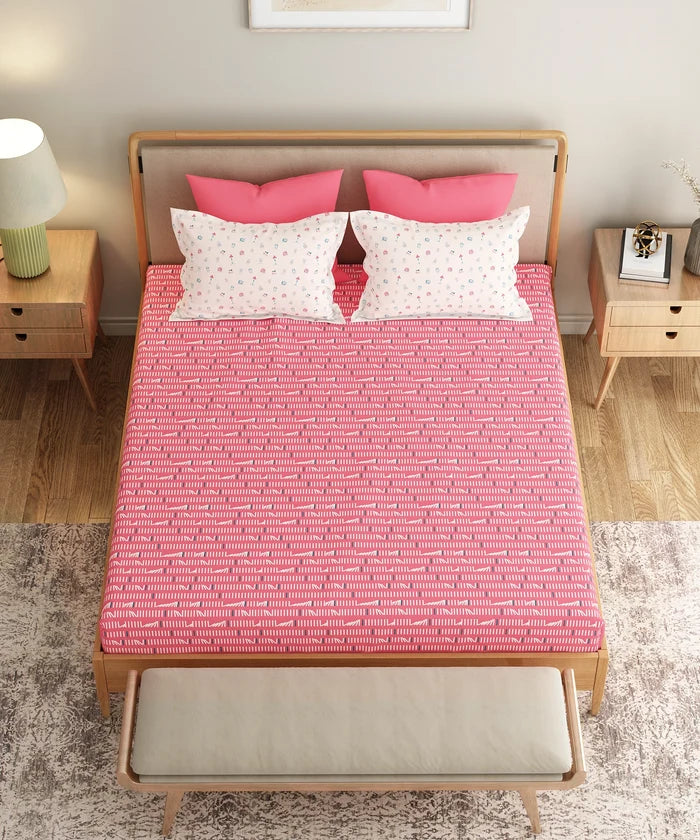 Everyday Printed King Bedsheet Set, Domino Pink | 120TC Cotton| 2 Pillow covers