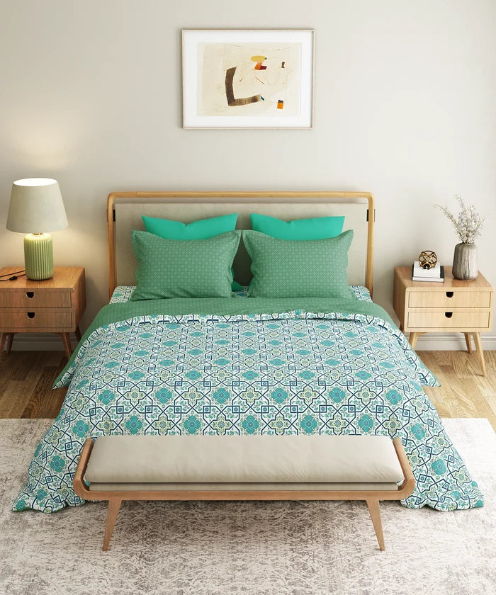 Everyday Printed King Bedsheet Set, Flourished Blue| 120TC Cotton|2 Pillow covers
