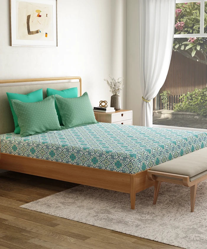 Everyday Printed King Bedsheet Set, Flourished Blue| 120TC Cotton|2 Pillow covers