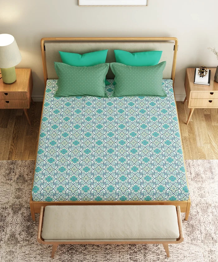 Everyday Printed King Bedsheet Set, Flourished Blue| 120TC Cotton|2 Pillow covers