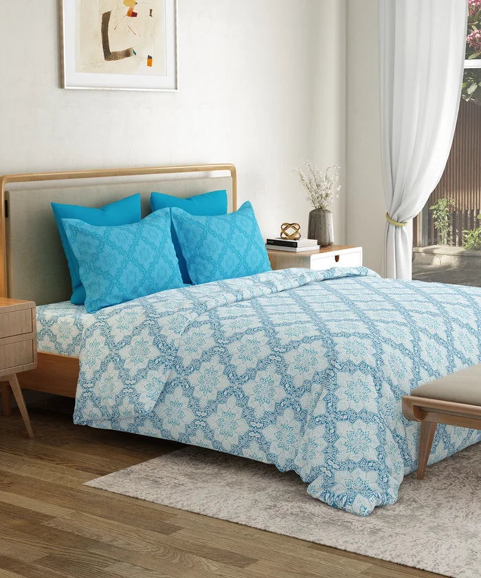 Everyday Printed King Bedsheet Set, Harper Blue | 120TC Cotton| 2 Pillow covers