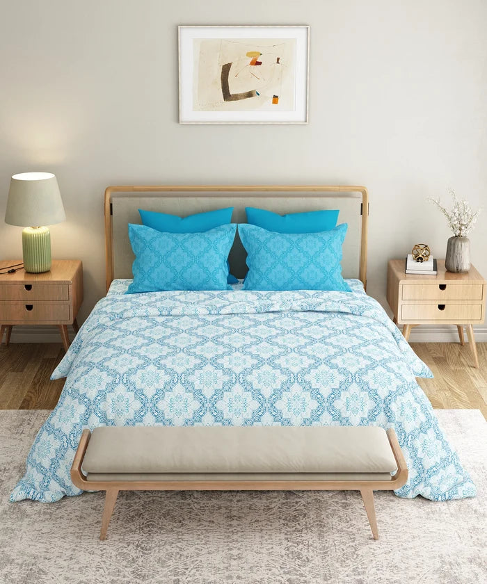 Everyday Printed King Bedsheet Set, Harper Blue | 120TC Cotton| 2 Pillow covers