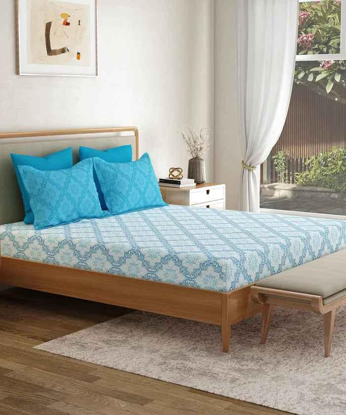 Everyday Printed King Bedsheet Set, Harper Blue | 120TC Cotton| 2 Pillow covers