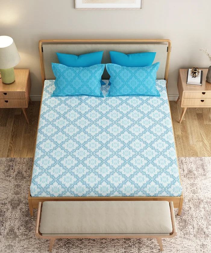 Everyday Printed King Bedsheet Set, Harper Blue | 120TC Cotton| 2 Pillow covers