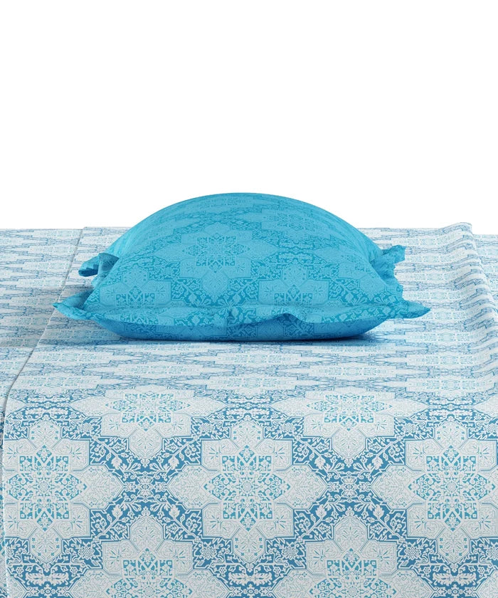 Everyday Printed King Bedsheet Set, Harper Blue | 120TC Cotton| 2 Pillow covers