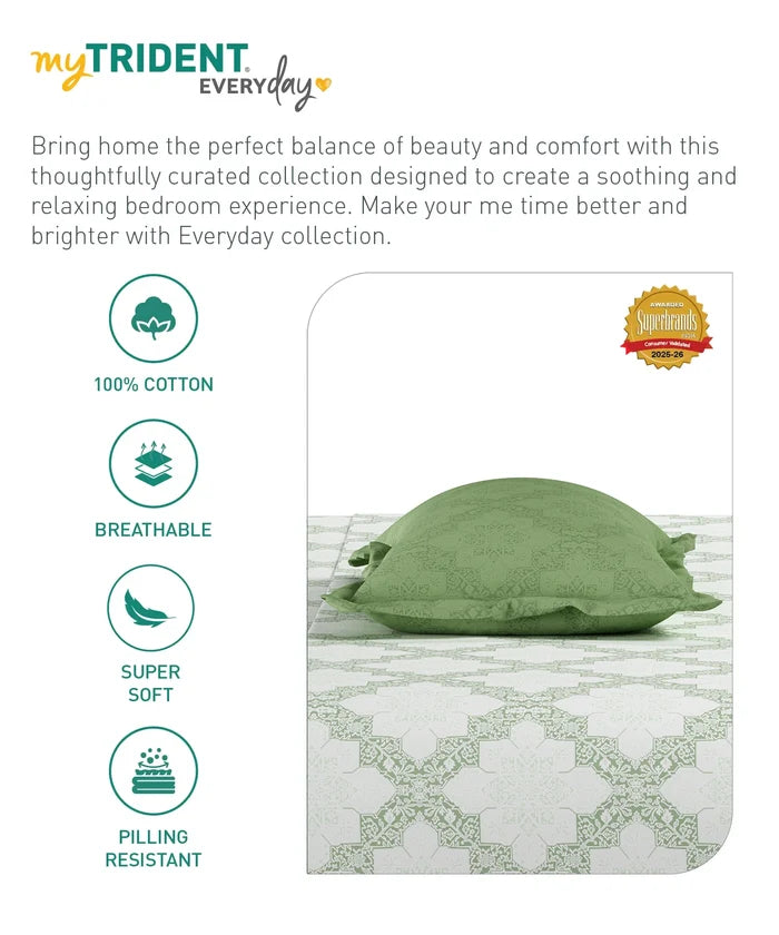 Everyday Printed King Bedsheet Set, Harper Green | 120TC Cotton| 2 Pillow covers