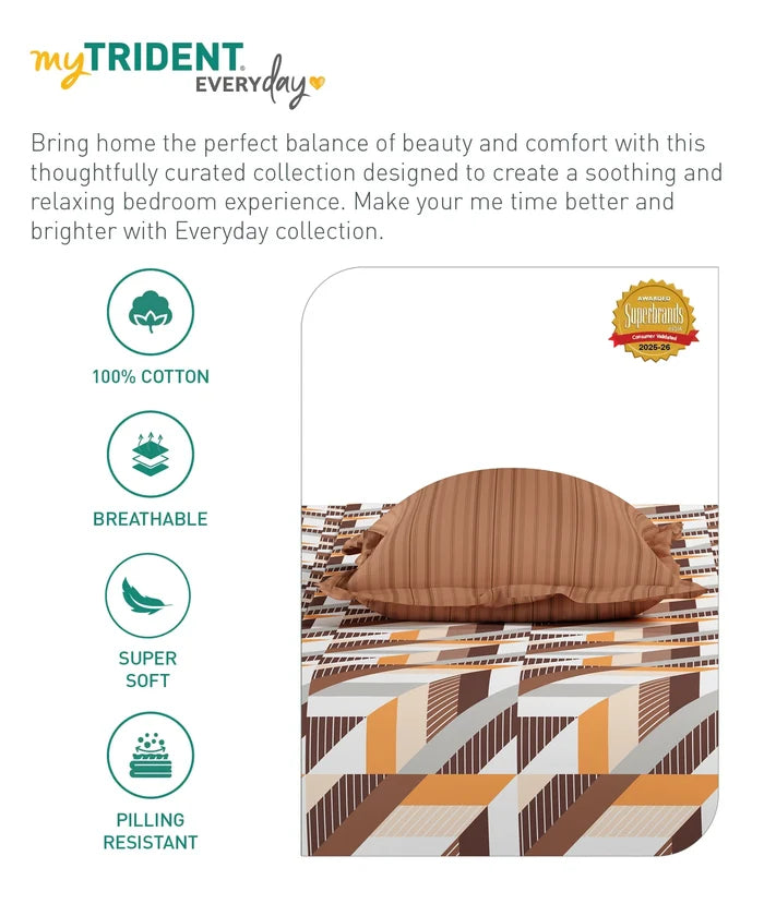 Everyday Printed King Bedsheet Set, Kimberly Brown | 120TC Cotton| 2 Pillow covers
