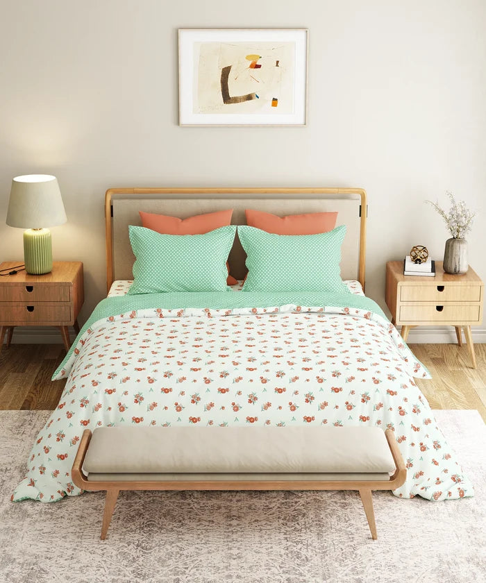 Everyday Printed King Bedsheet Set, Little Bloom Green| 120TC Cotton| 2 Pillow covers