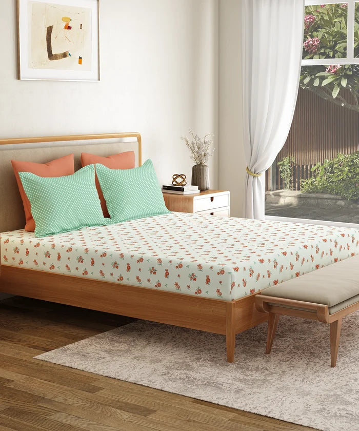 Everyday Printed King Bedsheet Set, Little Bloom Green| 120TC Cotton| 2 Pillow covers