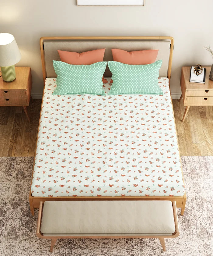 Everyday Printed King Bedsheet Set, Little Bloom Green| 120TC Cotton| 2 Pillow covers