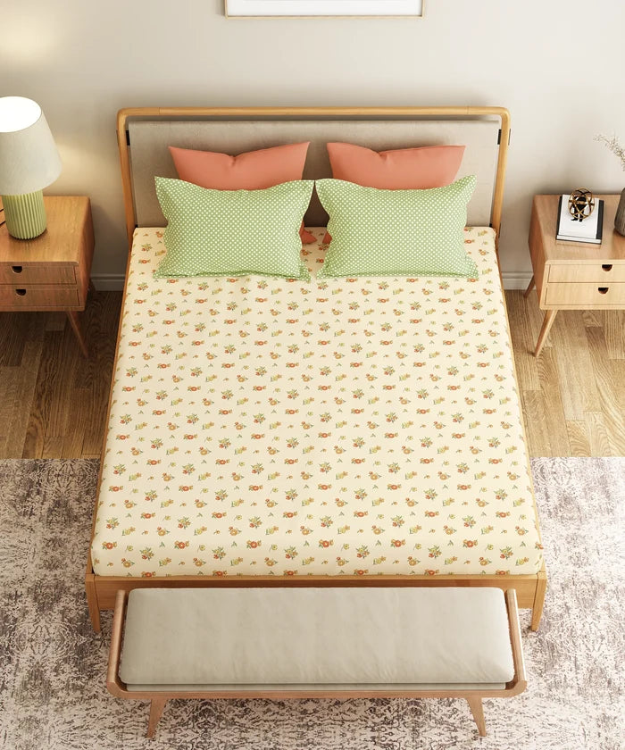 Everyday Printed King Bedsheet Set, Little Bloom Yellow| 120TC Cotton| 2 Pillow covers