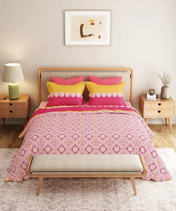 Everyday Printed King Bedsheet Set, Meadow Pink| 120TC Cotton| 2 Pillow covers