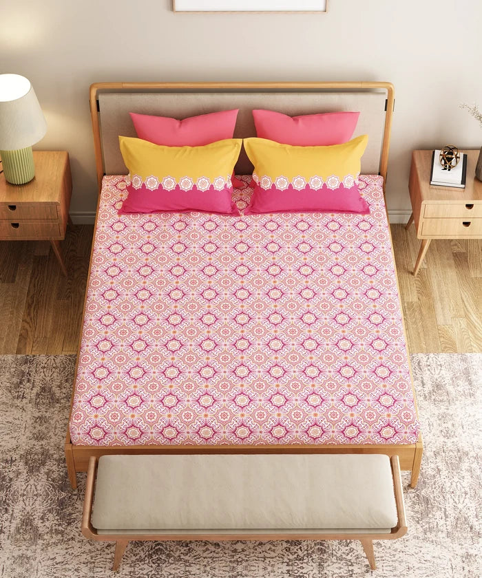 Everyday Printed King Bedsheet Set, Meadow Pink| 120TC Cotton| 2 Pillow covers