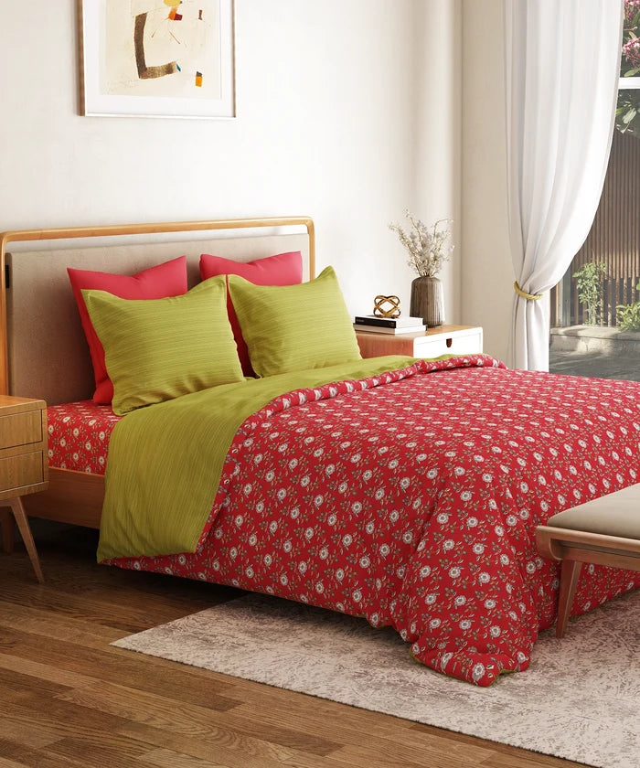 Everyday Printed King Bedsheet Set, Petal Pop Red| 120TC Cotton|2 Pillow covers