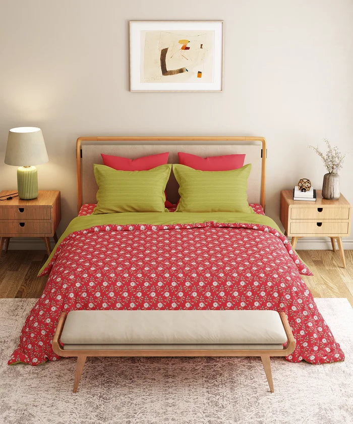 Everyday Printed King Bedsheet Set, Petal Pop Red| 120TC Cotton|2 Pillow covers