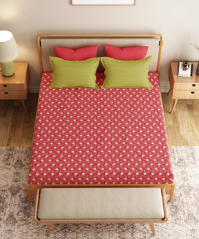 Everyday Printed King Bedsheet Set, Petal Pop Red| 120TC Cotton|2 Pillow covers