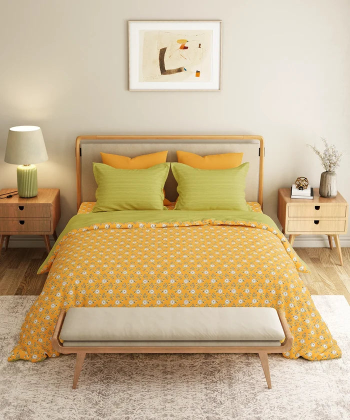 Everyday Printed King Bedsheet Set, Petal Pop Yellow| 120TC Cotton|2 Pillow covers
