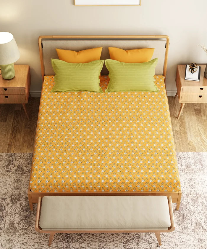 Everyday Printed King Bedsheet Set, Petal Pop Yellow| 120TC Cotton|2 Pillow covers