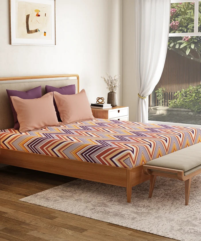 Everyday Printed King Bedsheet Set, Wave Purple| 120TC Cotton| 2 Pillow covers