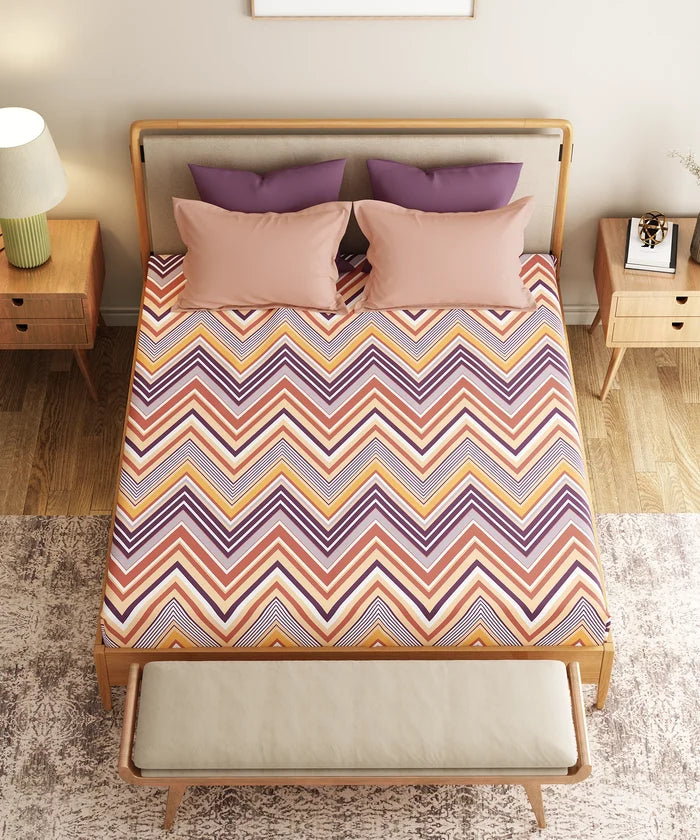 Everyday Printed King Bedsheet Set, Wave Purple| 120TC Cotton| 2 Pillow covers