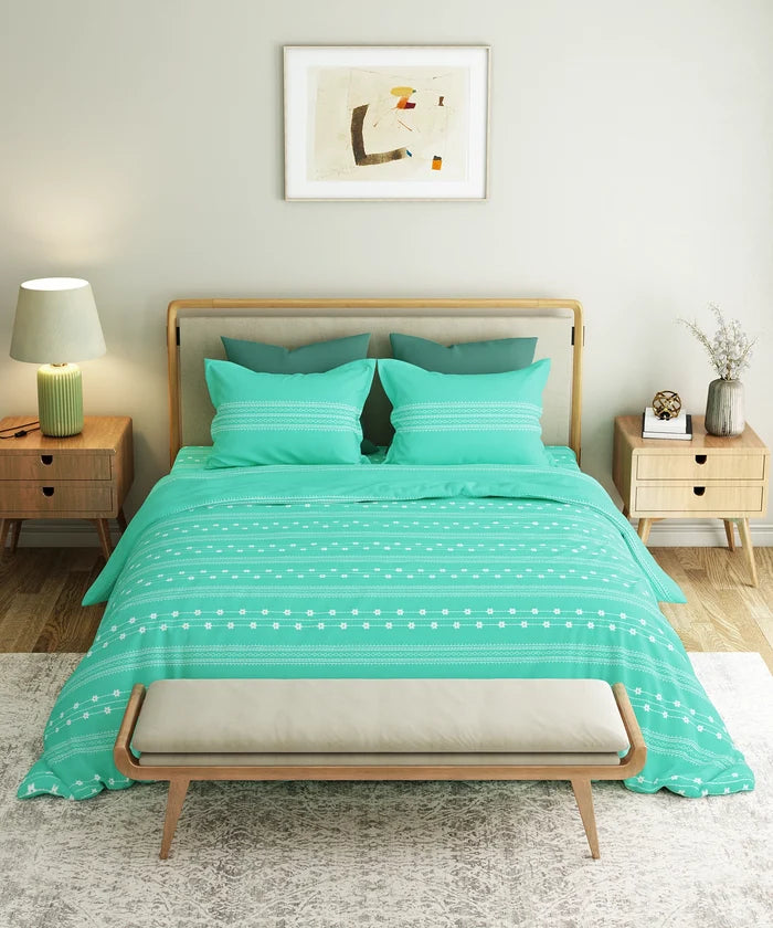 Everyday Printed King Bedsheet Set, Zari Sea Green| 120TC Cotton| 2 Pillow covers