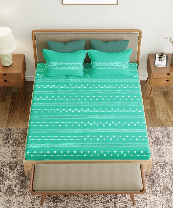 Everyday Printed King Bedsheet Set, Zari Sea Green| 120TC Cotton| 2 Pillow covers