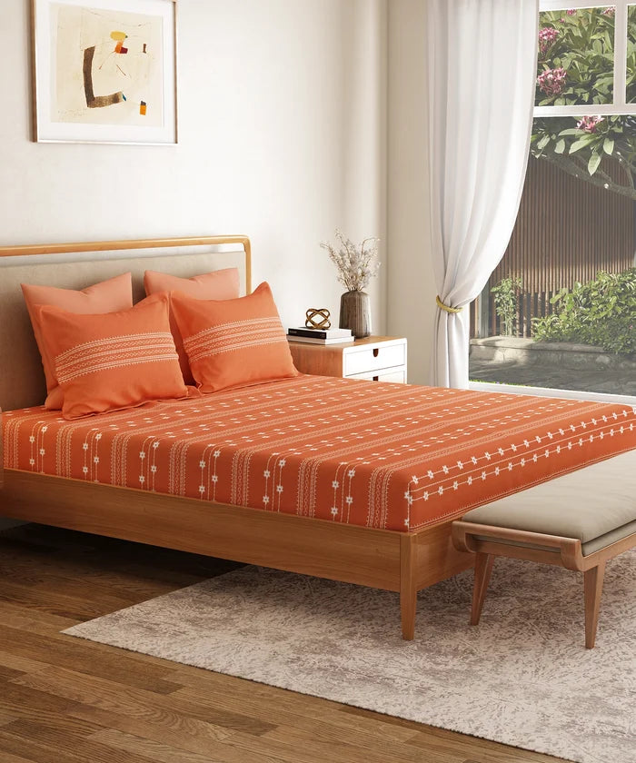 Everyday Printed King Bedsheet Set, Zari Terracotta| 120TC Cotton| 2 Pillow covers
