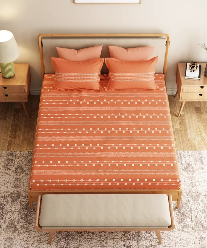 Everyday Printed King Bedsheet Set, Zari Terracotta| 120TC Cotton| 2 Pillow covers