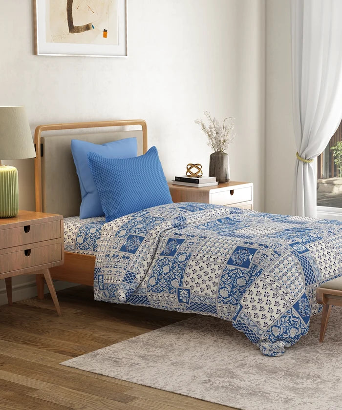 Everyday Printed Single Bedsheet Set, Agatha Blue| 120TC Cotton| 1 Pillow cover