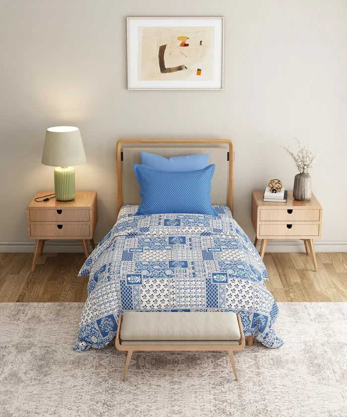 Everyday Printed Single Bedsheet Set, Agatha Blue| 120TC Cotton| 1 Pillow cover