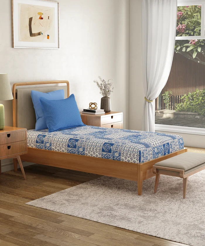 Everyday Printed Single Bedsheet Set, Agatha Blue| 120TC Cotton| 1 Pillow cover