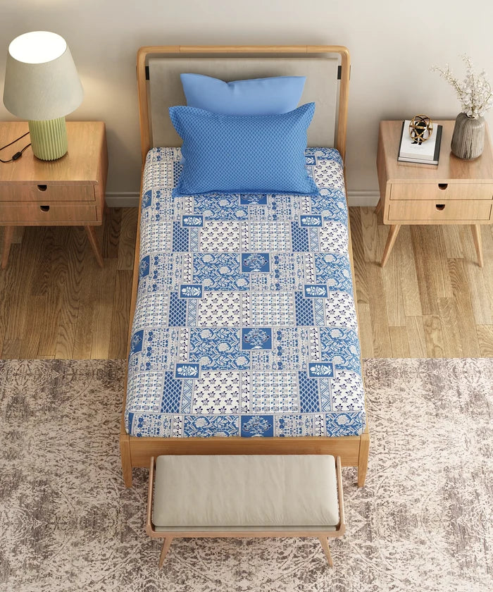 Everyday Printed Single Bedsheet Set, Agatha Blue| 120TC Cotton| 1 Pillow cover