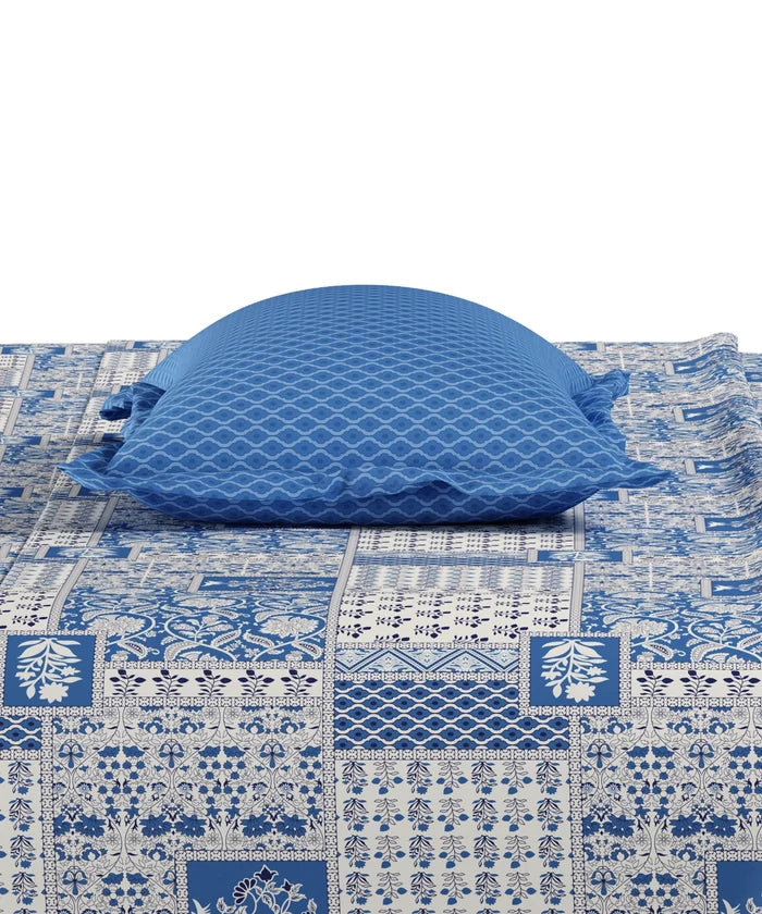 Everyday Printed Single Bedsheet Set, Agatha Blue| 120TC Cotton| 1 Pillow cover