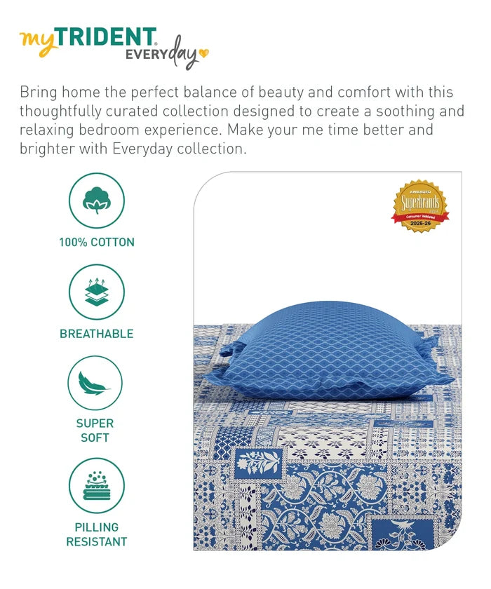 Everyday Printed Single Bedsheet Set, Agatha Blue| 120TC Cotton| 1 Pillow cover