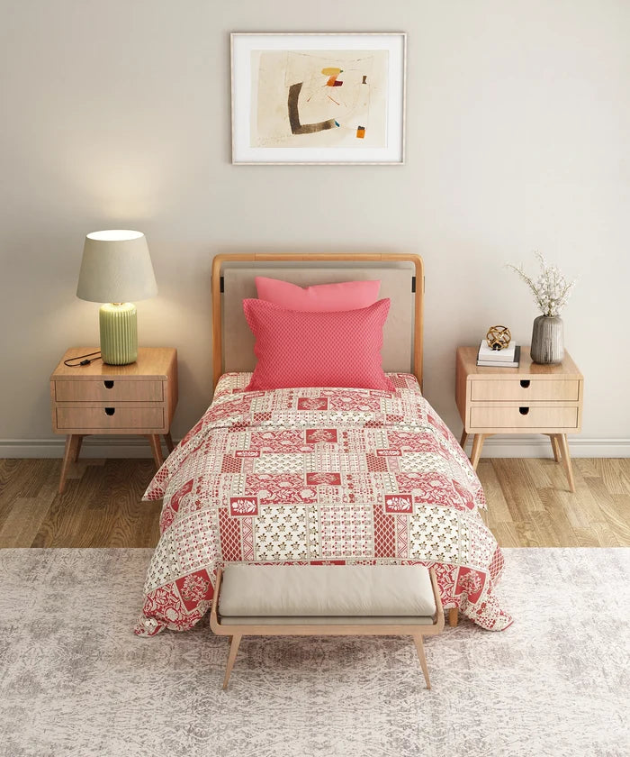 Everyday Printed Single Bedsheet Set, Agatha Red| 120TC Cotton| 1 Pillow cover