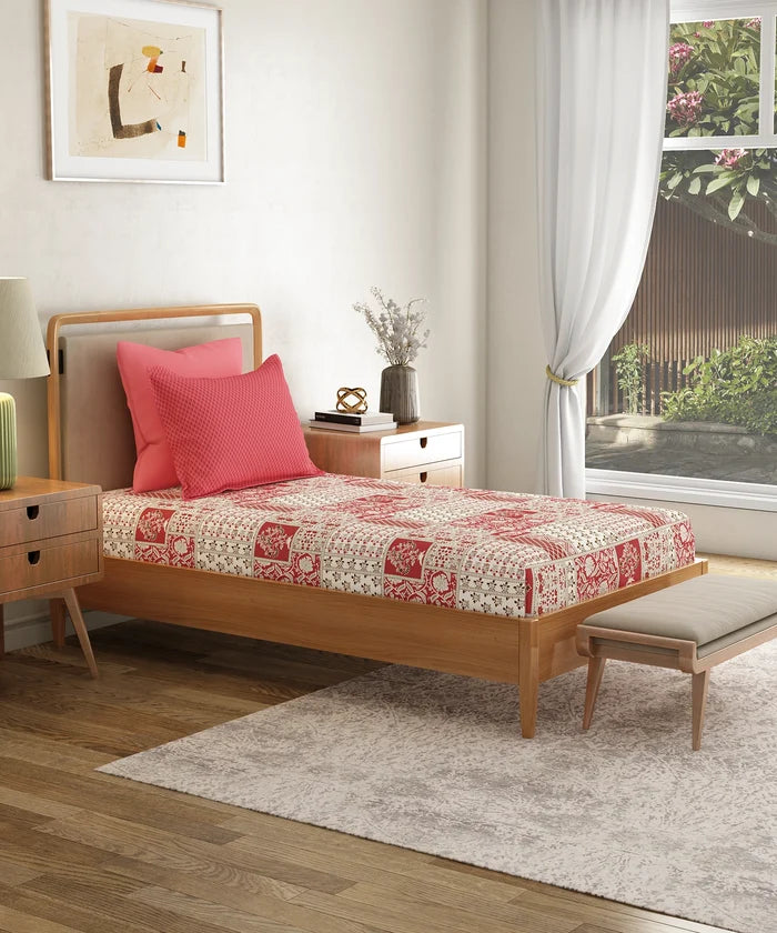 Everyday Printed Single Bedsheet Set, Agatha Red| 120TC Cotton| 1 Pillow cover