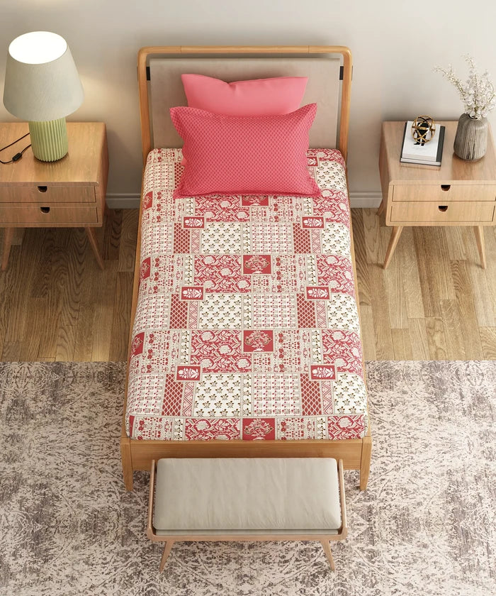 Everyday Printed Single Bedsheet Set, Agatha Red| 120TC Cotton| 1 Pillow cover