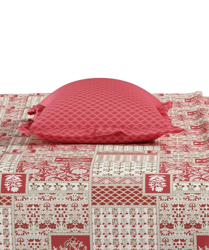 Everyday Printed Single Bedsheet Set, Agatha Red| 120TC Cotton| 1 Pillow cover