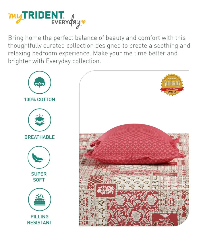 Everyday Printed Single Bedsheet Set, Agatha Red| 120TC Cotton| 1 Pillow cover
